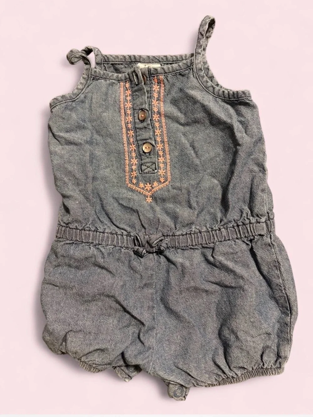 Kids Denim-Style Blue Romper with Embroidered Detail